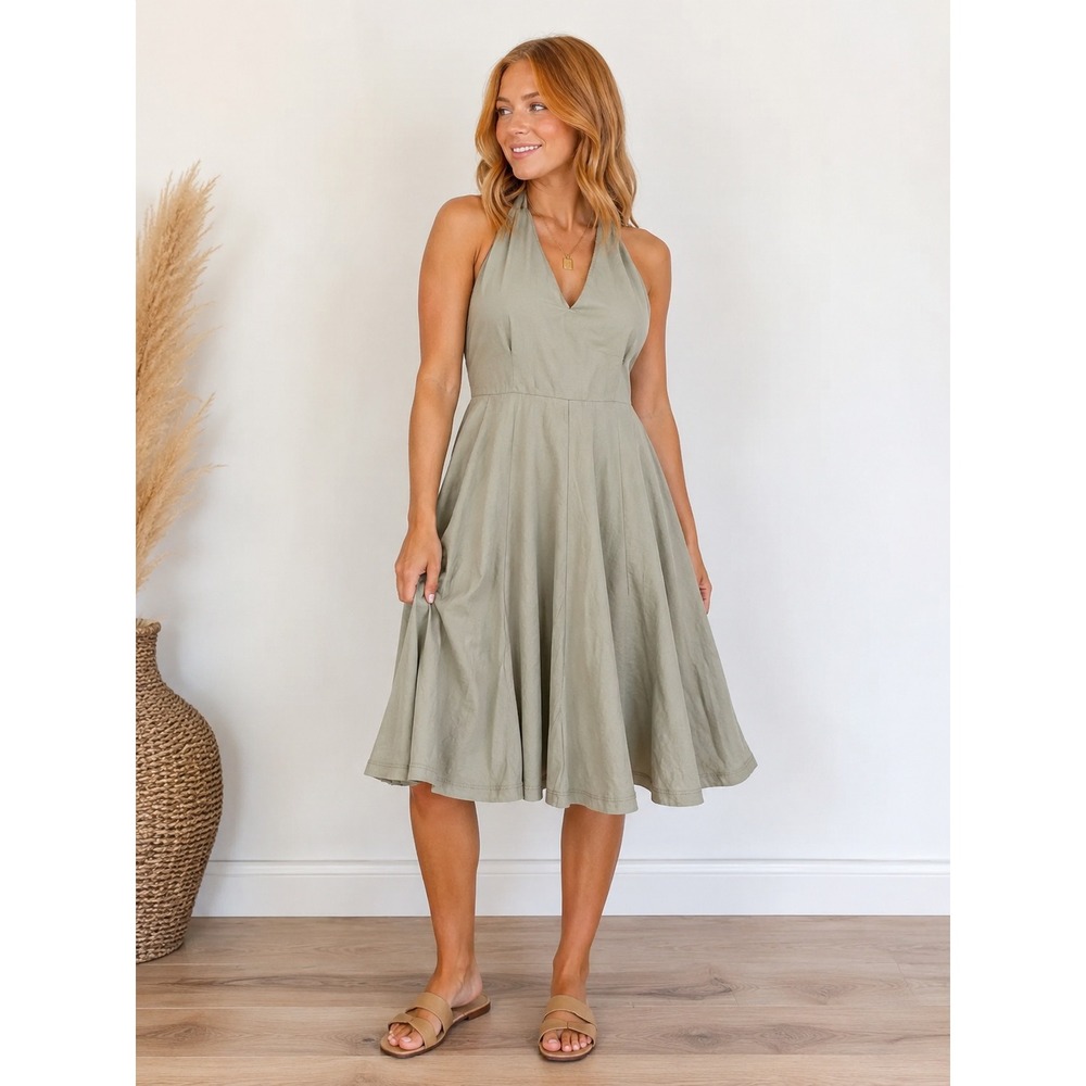 Lands End Womens Olive Green Tencel Modal Halter Midi Dress Built-in Bra Size S
